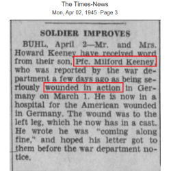 Grouping, Cpl. Milford Keeney, Co. C, 395th Inf. Regt., 99th Infantry Division, WIA, ETO