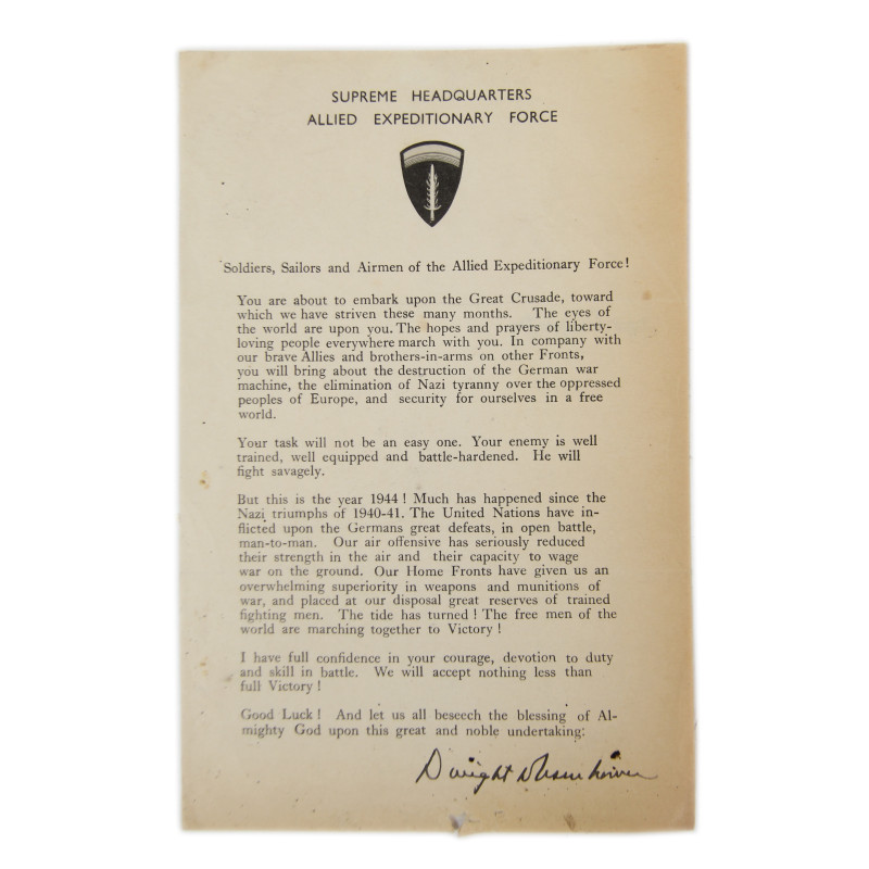 Message, General Dwight Eisenhower, 5 juin 1944 Message, General Dwight Eisenhower, 5 juin 1944