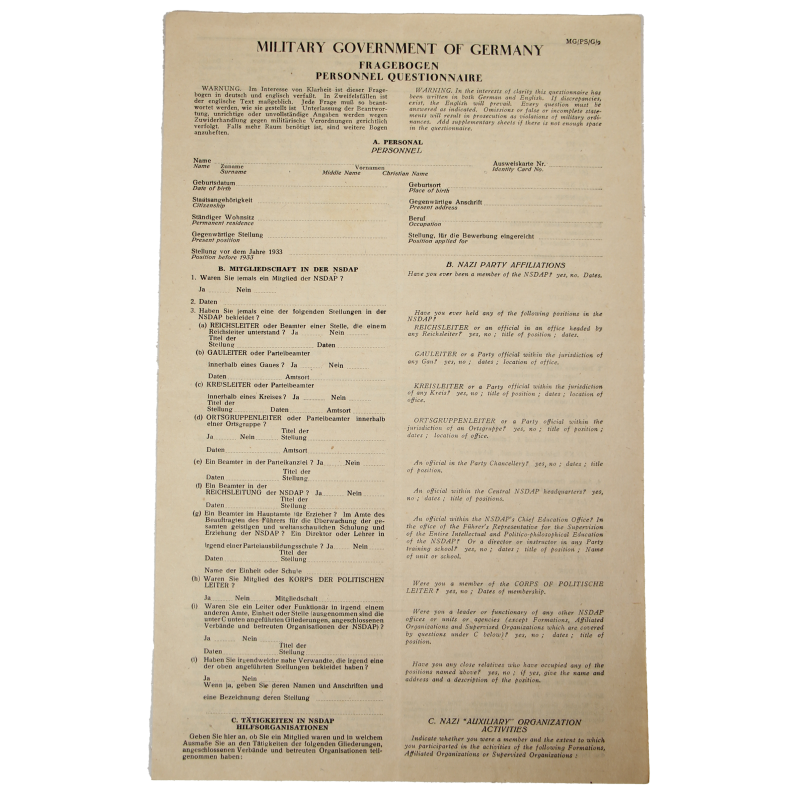 Questionnaire, Military Government of Germany, 1944, responsabilités sous le III. Reich