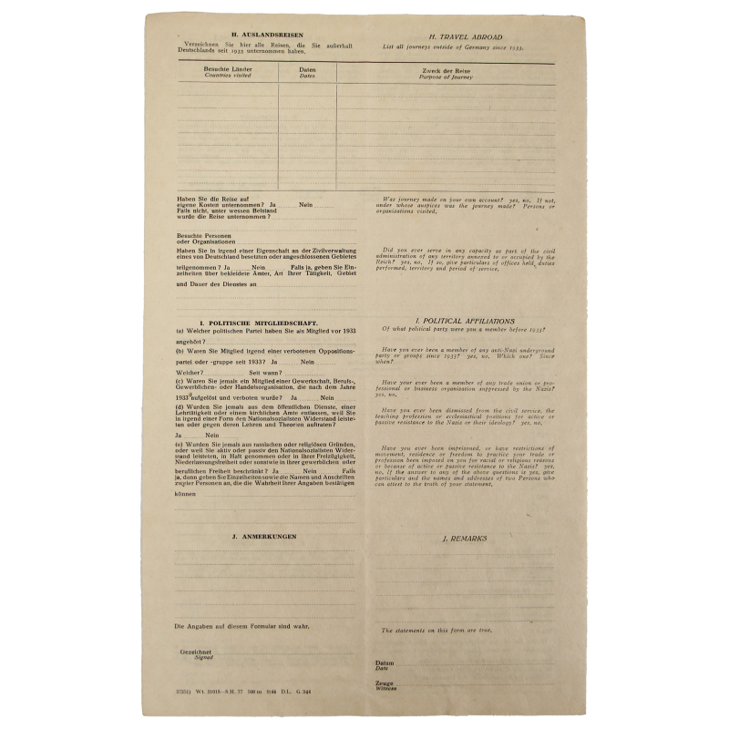 Questionnaire, Military Government of Germany, 1944, responsabilités sous le III. Reich