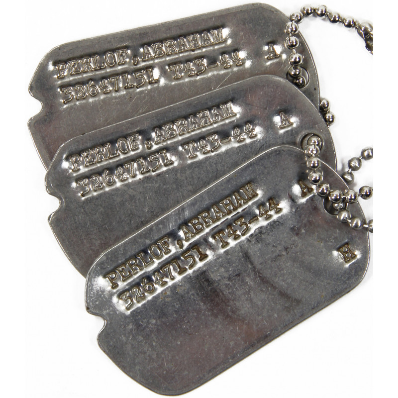 Plaques d'identité, Dog Tags, Pvt. Abraham Perlof, israélite, Signal Corps Plaques d'identité, Dog Tags, Pvt. Abraham Perlof, israélite, Signal Corps