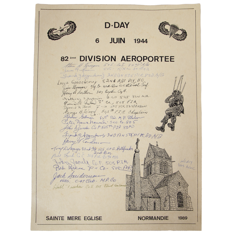 Affiche, 1944-1989, 45e anniversaire, Sainte-Mère-Église, 82nd Airborne Division, dédicacée par 21 vétérans