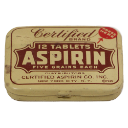 Tin, 12 Tablets, Aspirin, CERTIFIED ASPIRIN CO., INC. 1939
