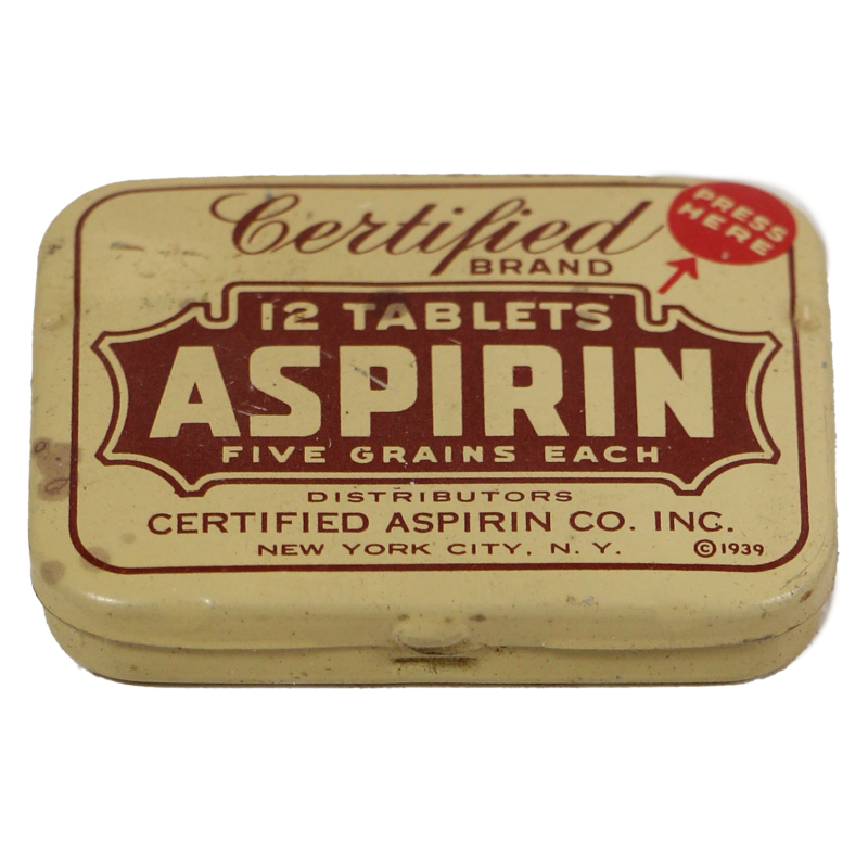 Tin, 12 Tablets, Aspirin, CERTIFIED ASPIRIN CO., INC. 1939