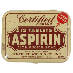 Tin, 12 Tablets, Aspirin, CERTIFIED ASPIRIN CO., INC. 1939