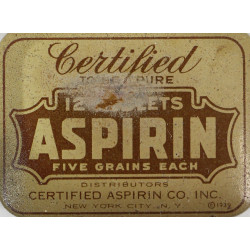 Boîte de 12 comprimés, aspirine, CERTIFIED ASPIRIN CO., INC. 1939