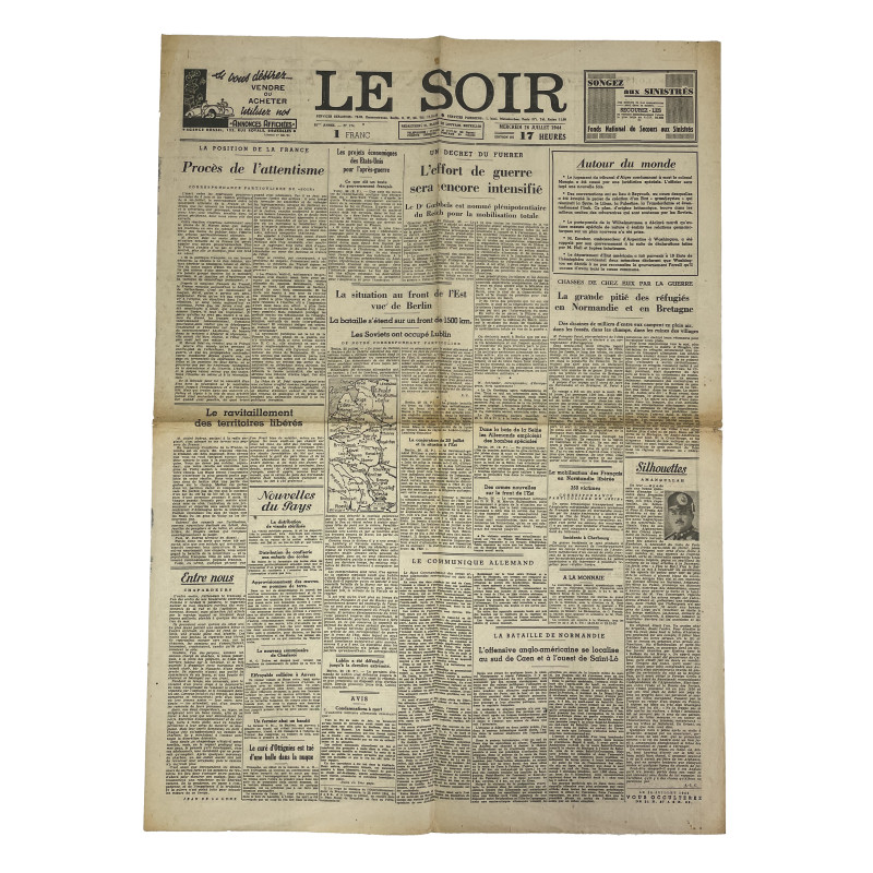 Newspaper, Belgian, Le Soir, July 26, 1944 Newspaper, Belgian, Le Soir, July 26, 1944