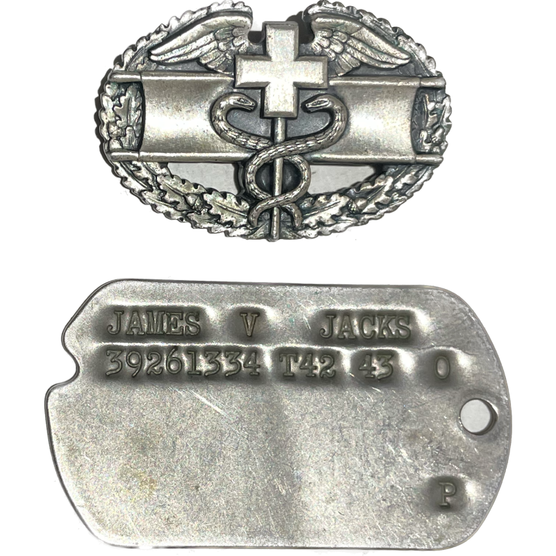 Badge, Combat Medic & Dog Tag, T/5 James Jacks, 13th Medical Bn. (Mountain), Merrill's Marauders, CBI