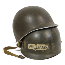 Casque M1, pattes fixes, liner WESTINGHOUSE, T/5 Ralph Williams, assistant aumônier, ETO