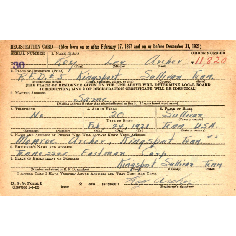 Card, Identification, Medical, 1st Type, T/4 Roy Archer, 47th General Hospital, PTO