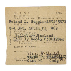 Armband, Medical, and Pass, Medical Detachmet, T/3 Roland Buggiani, Medical Detachment, 505th PIR, 82nd Airborne Division, ETO