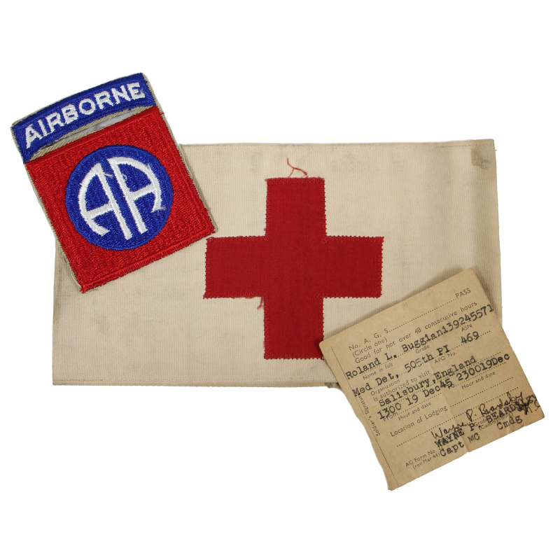 Brassard médical et laissez-passer, T/3 Roland Buggiani, Medical Detachment, 505th PIR, 82nd Airborne Division, ETO