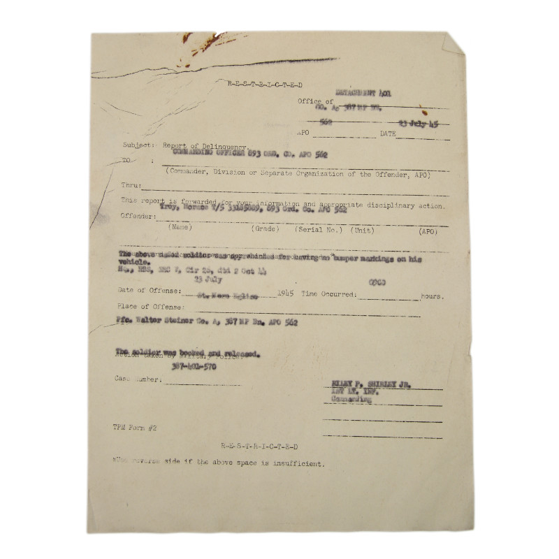 Rapport disciplinaire, T/5 Horace Frey, 893rd Ordnance Co., Sainte-Mère-Église, 1945