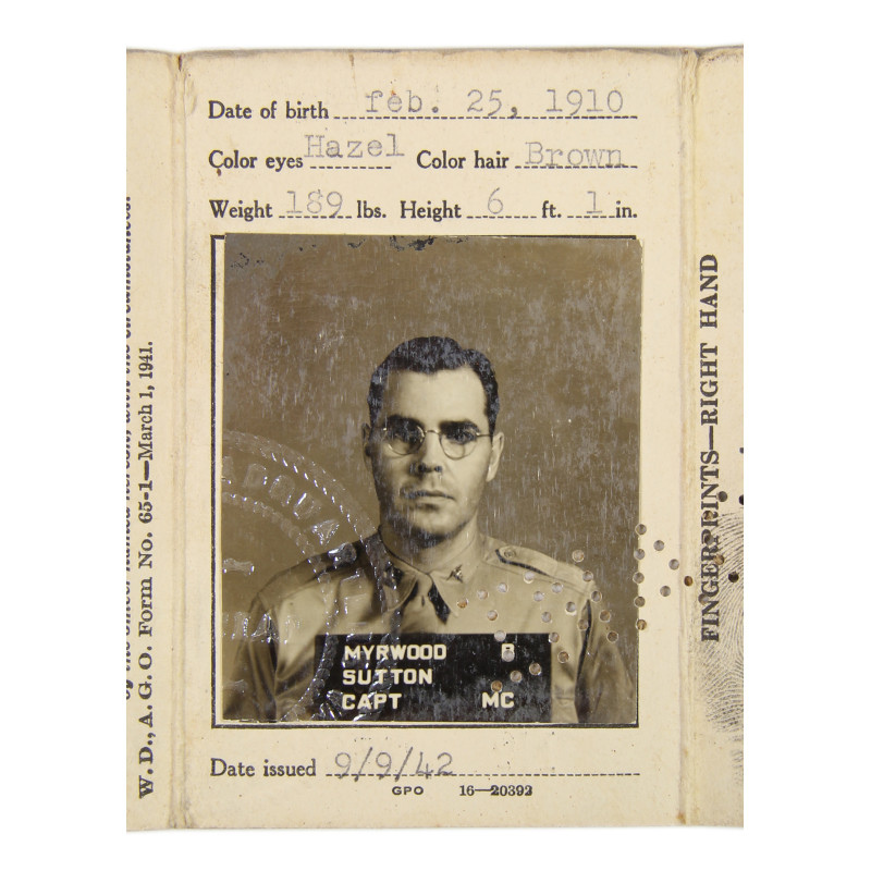 Carte d'identité, Cpt. Myrwood Sutton, Co. C., 67th Medical Battalion, ETO