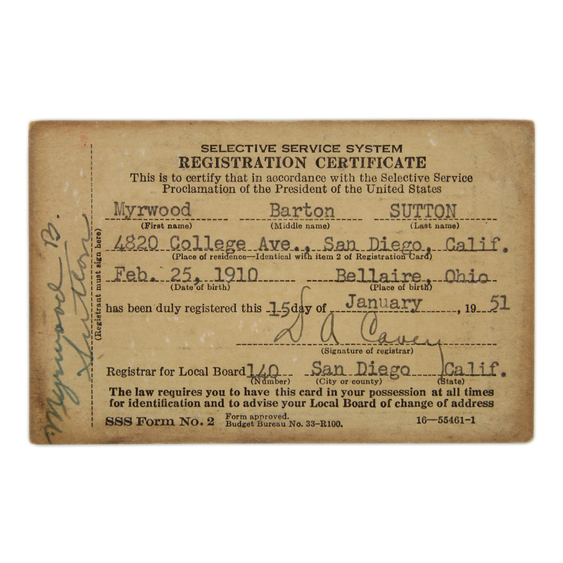 Carte d'identité, Cpt. Myrwood Sutton, Co. C., 67th Medical Battalion, ETO
