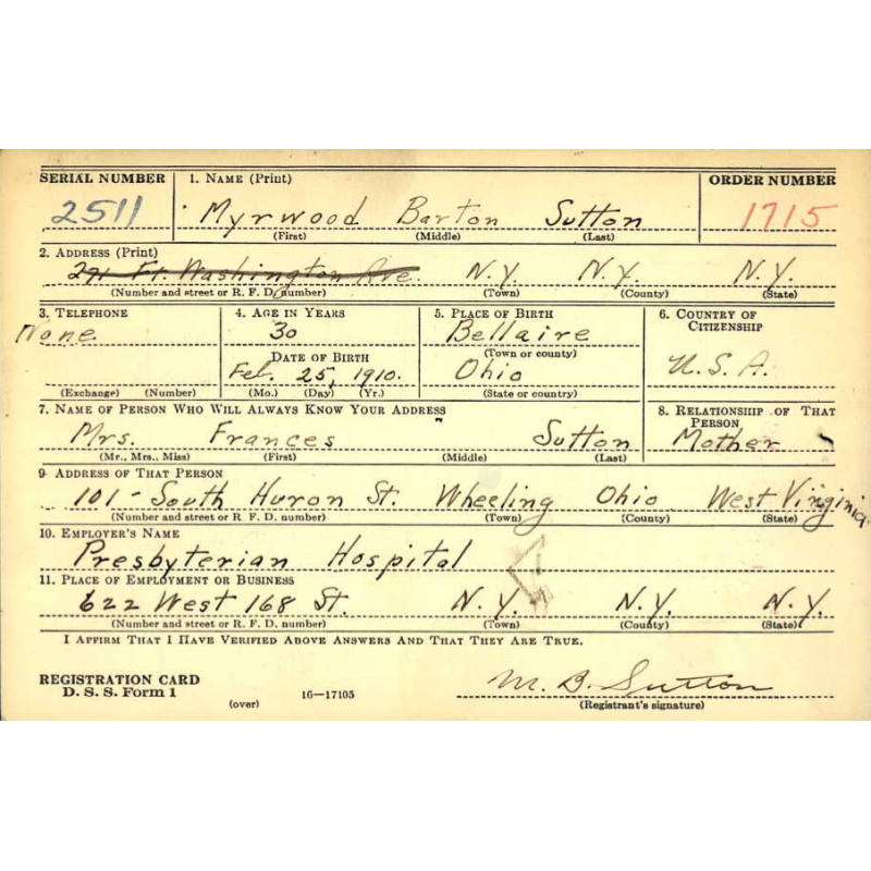 Carte d'identité, Cpt. Myrwood Sutton, Co. C., 67th Medical Battalion, ETO