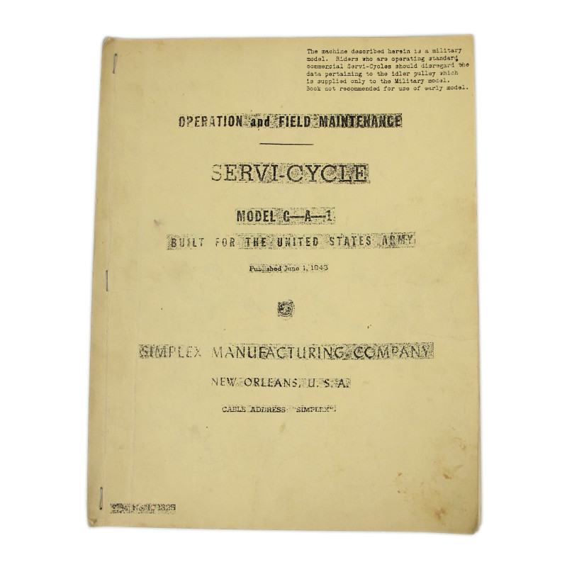 Manual, Operation and Field Maintenance, Servi-Cycle Model G-A-1, SIMPLEX MANUFACTURING COMPANY