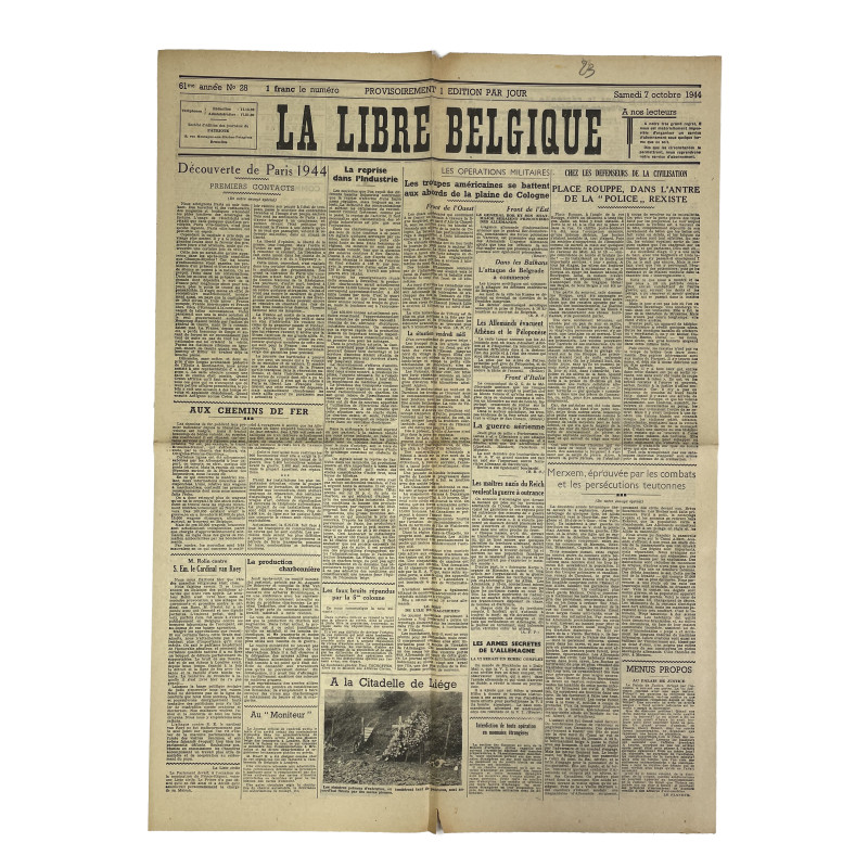 Newspaper, Belgian, La Libre Belgique, October 7, 1944