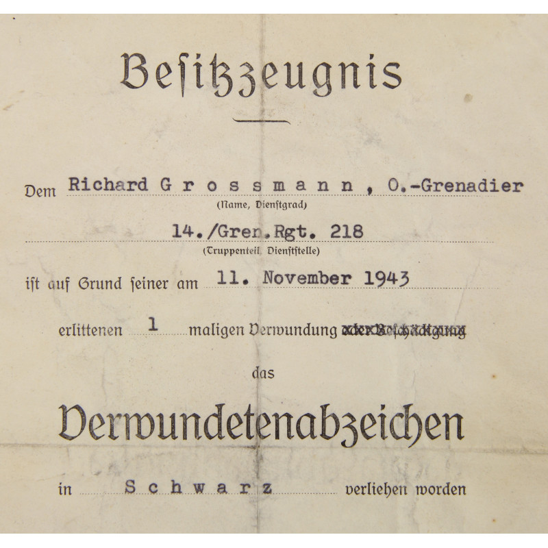 Certificate, Award, Wound Badge, Ob. Gren. Richard Grossmann, Grenadier-Regiment 218, 1943
