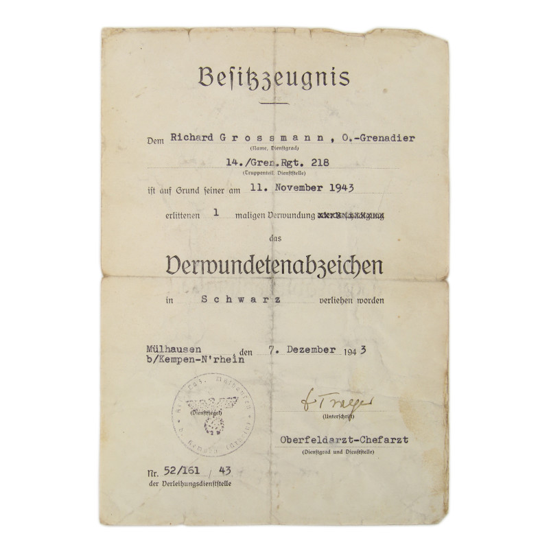 Certificate, Award, Wound Badge, Ob. Gren. Richard Grossmann, Grenadier-Regiment 218, 1943