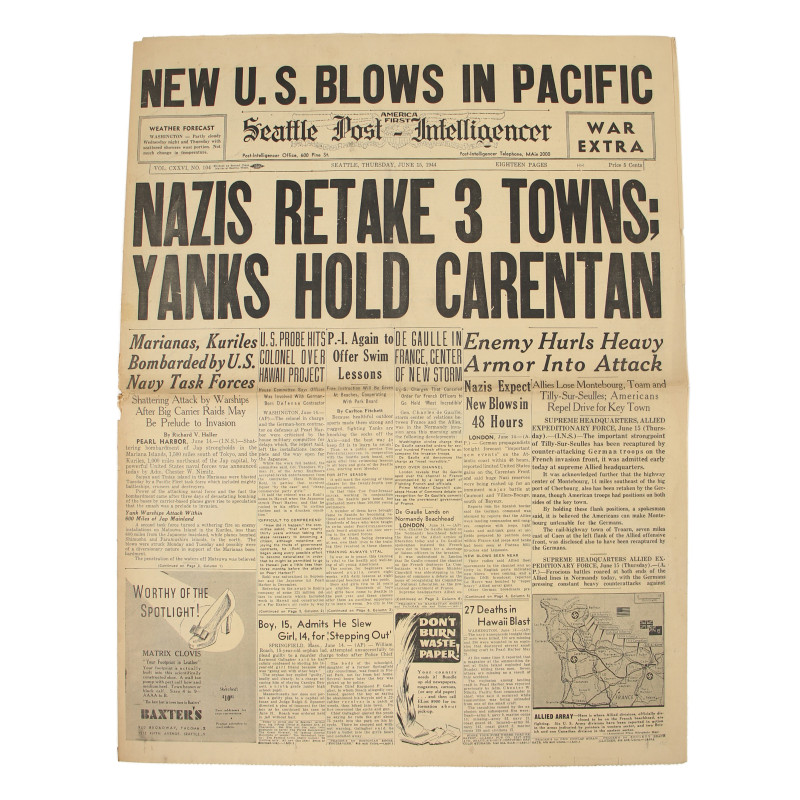 Newspaper, Seattle Post-Intelligencer, June 15, 1944, 'Nazis Retake 3 Towns, Yanks Hold Carentan'