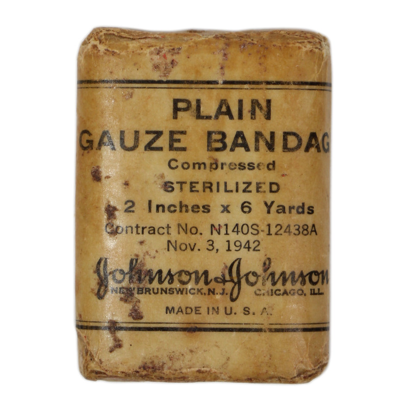 Plain Gauze Bandage, Compressed, Sterilized, Johnson & Johnson, Contract No. N 140s-12438A, 1942, US Navy, Corpsman