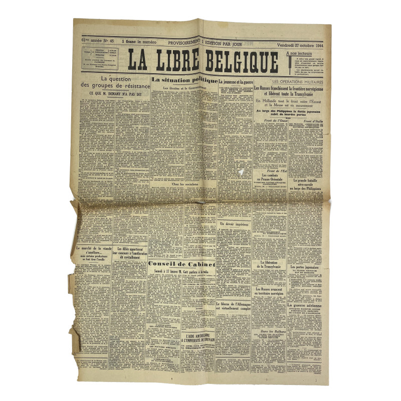 Journal belge, La Libre Belgique, 27 octobre 1944