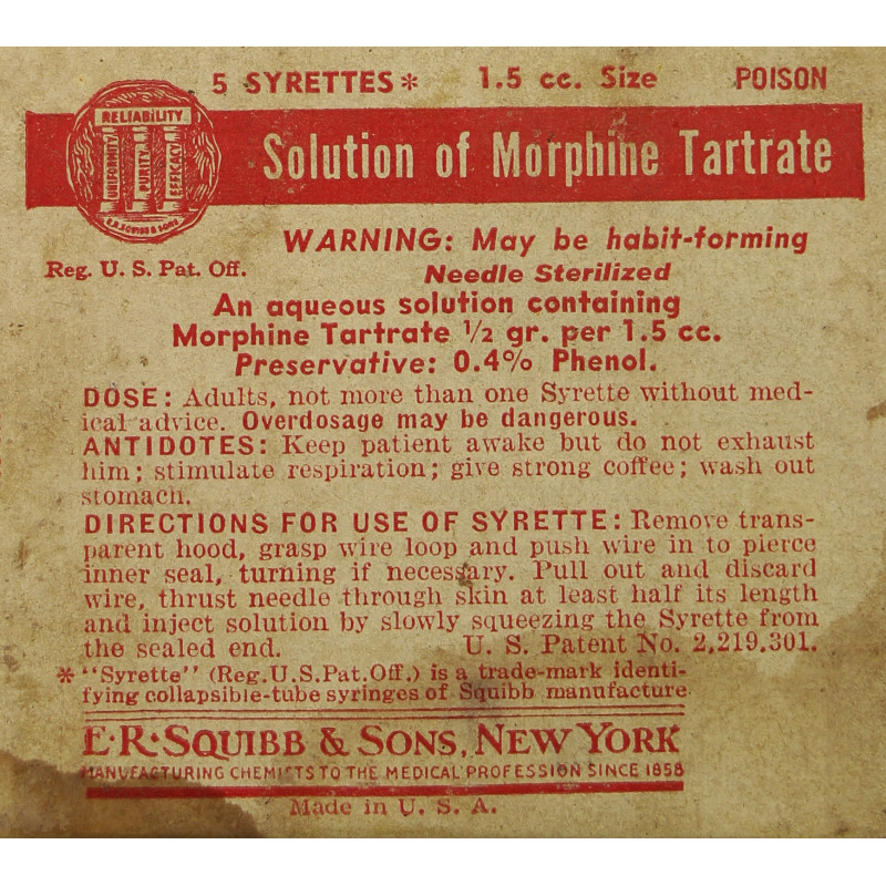 Boîte de 5 syrettes de morphine, USAMD, Item No. 9115500