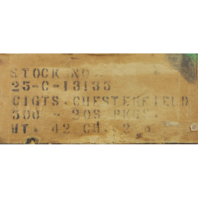 Carton de ration V1s, cigarettes CHESTERFIELD, mars 1944, vide