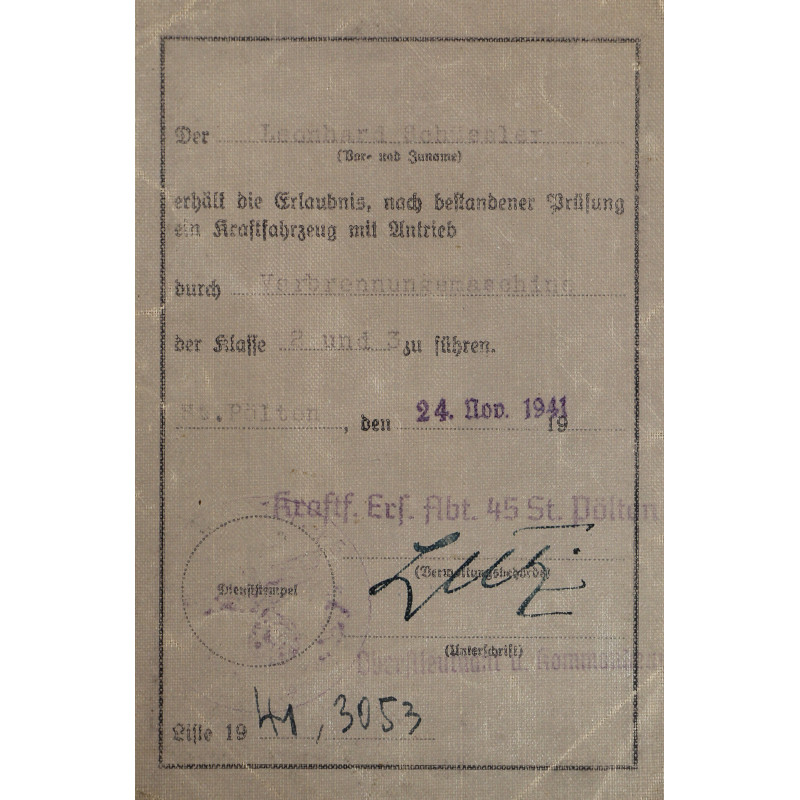 Driver's Licence and Badge, Leonhard Schüssler, Heer, 1941