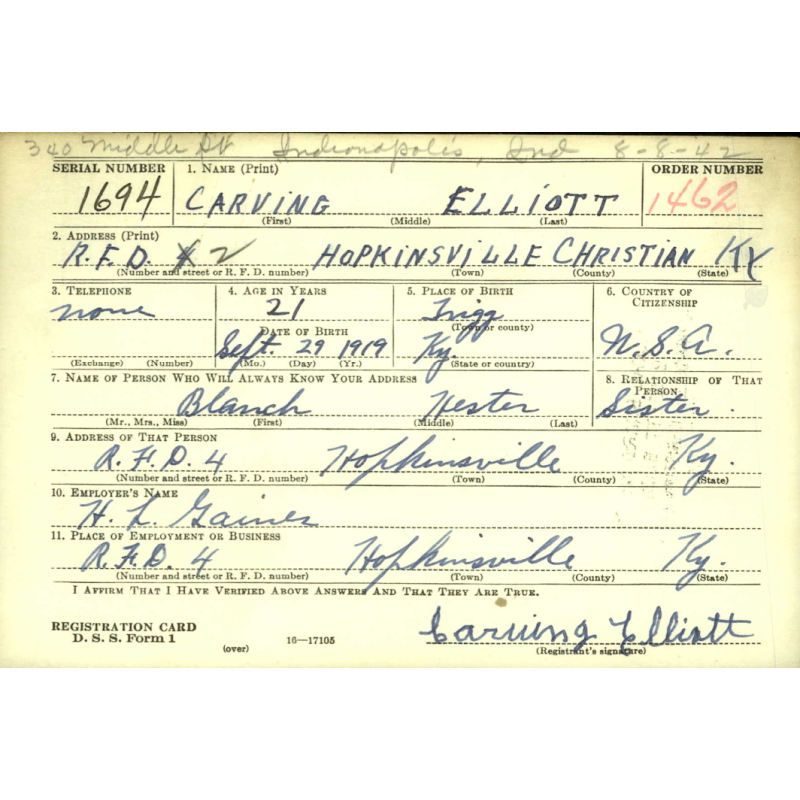 Report of Delinquency, Pvt. Carving Elliott, 254th Port Company, Blosville, Normandy, 1945