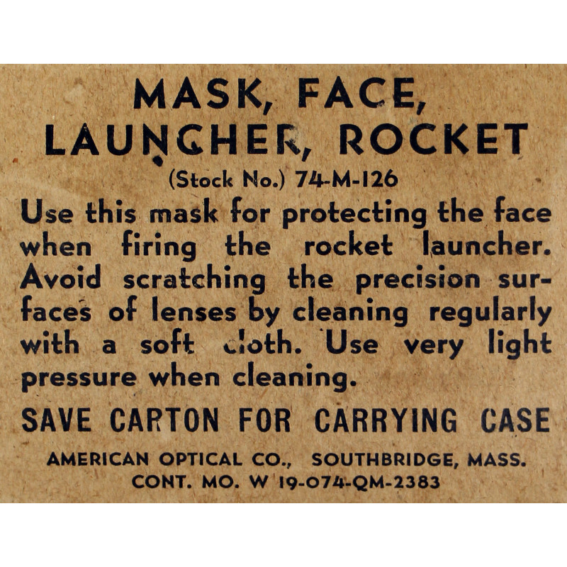 Masque facial pour tireur bazooka, AMERICAN OPTICAL CO. 1944, dans sa boîte
