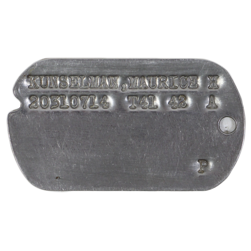 Plaque d'identité, Dog Tag, Sgt. Maurice Kunselman, 424th Inf. Regt., 106th Infantry Division, ETO, Ardennes
