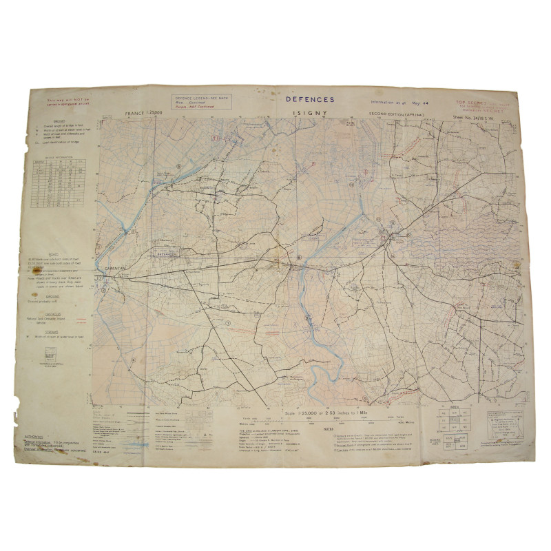 Carte alliée, ISIGNY, "Top Secret", 1944, Normandie