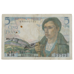 Billet, 5 francs français, 1943