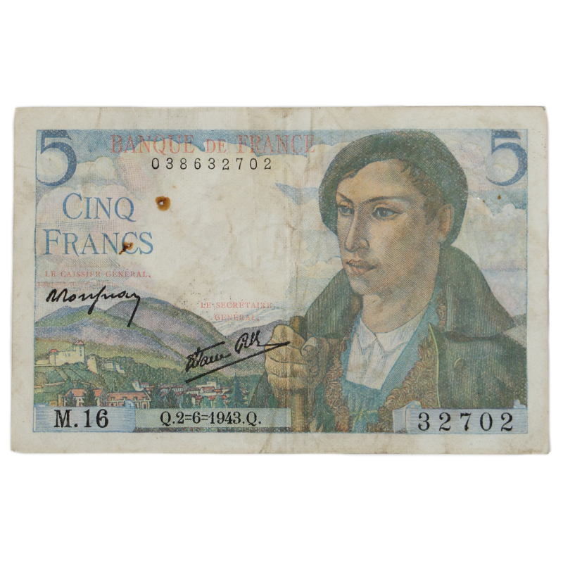 Billet, 5 francs français, 1943