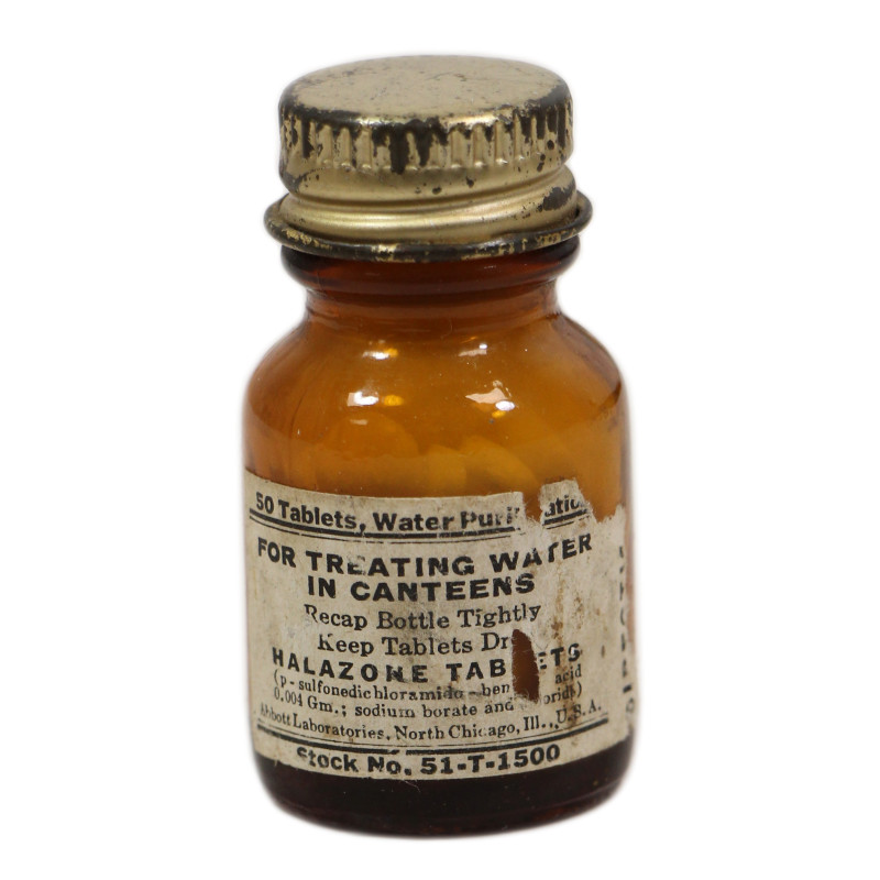 Flacon de 50 pastilles d'halazone, ABBOTT LABORATORIES, plein