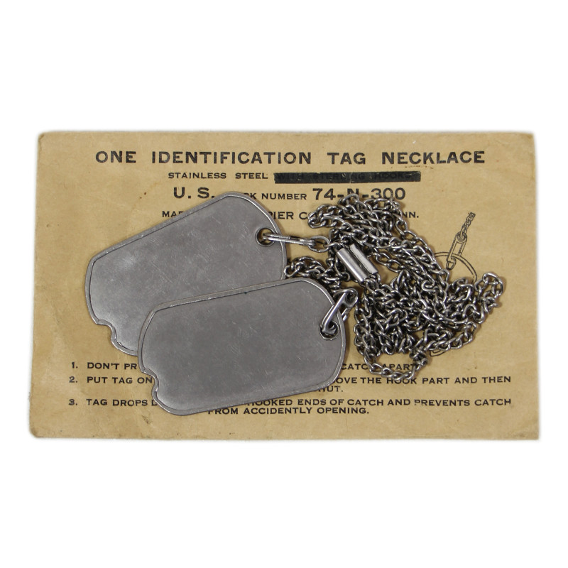 Plaques d'identité, Dog Tags, vierges, avec chaînette du premier type, en argent