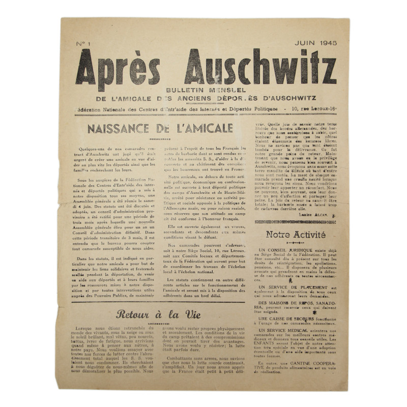 Après Auschwitz - Bulletin mensuel de l'Amicale des anciens déportés d'Auschwitz, No. 1, June 1945 Après Auschwitz - Bulletin mensuel de l'Amicale des anciens déportés d'Auschwitz, No. 1, June 1945