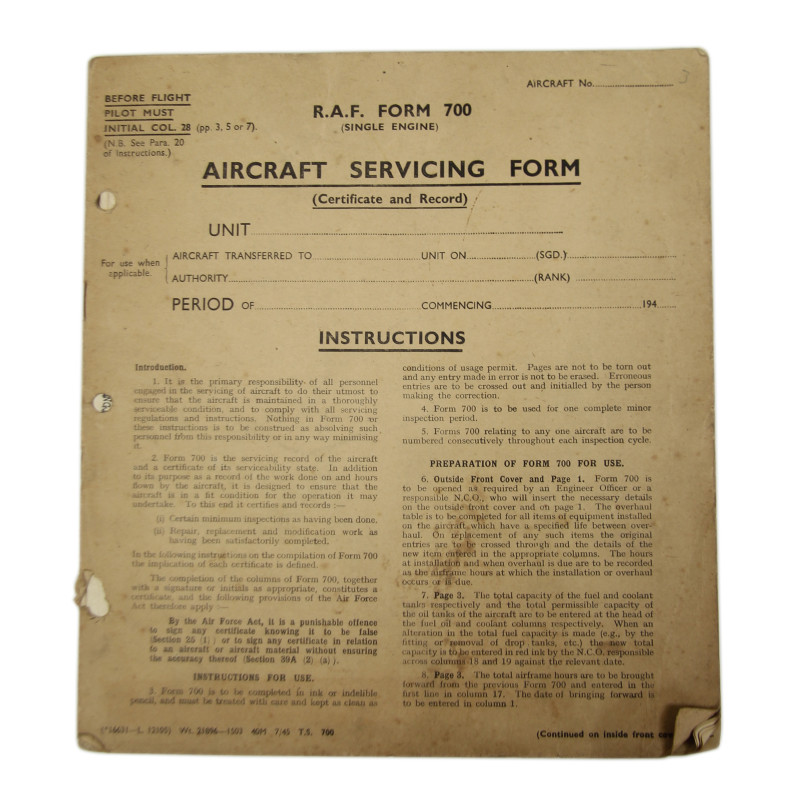 Aircraft Servicing Forms, Spitfire & Tiger Moth, Royal Air Force