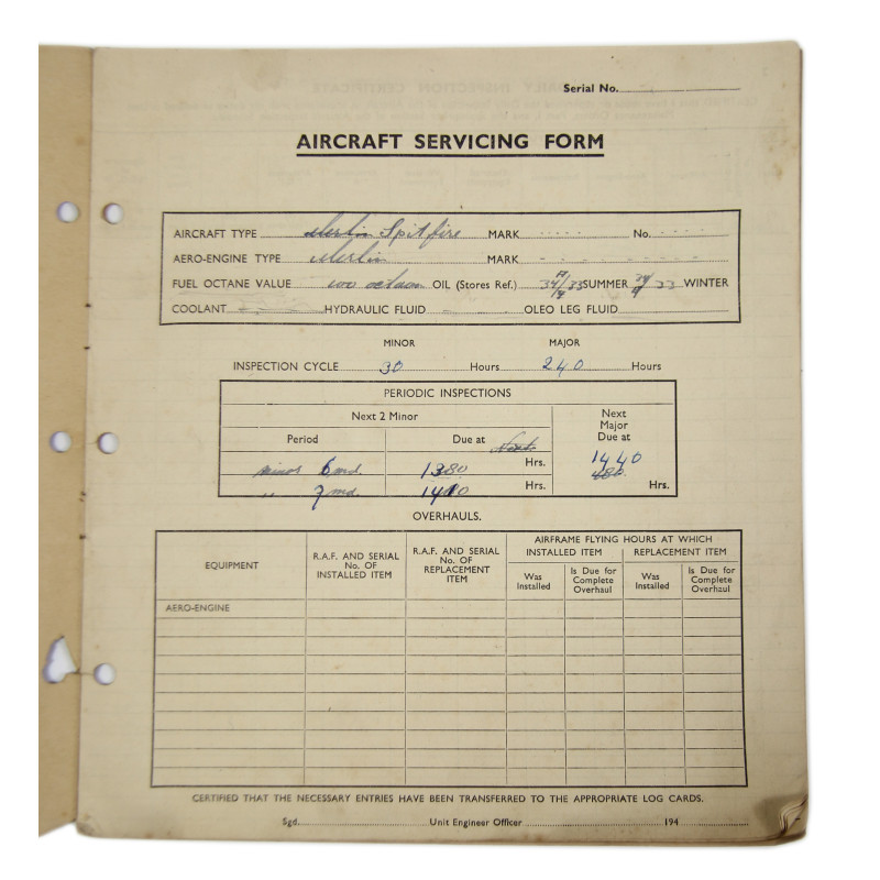 Carnets d'entretien, Spitfire & Tiger Moth, Royal Air Force