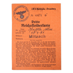 Carte de vêtements, Dritte Reichskleiderkarte, Alice Pfeiffle, Strasbourg, 1942