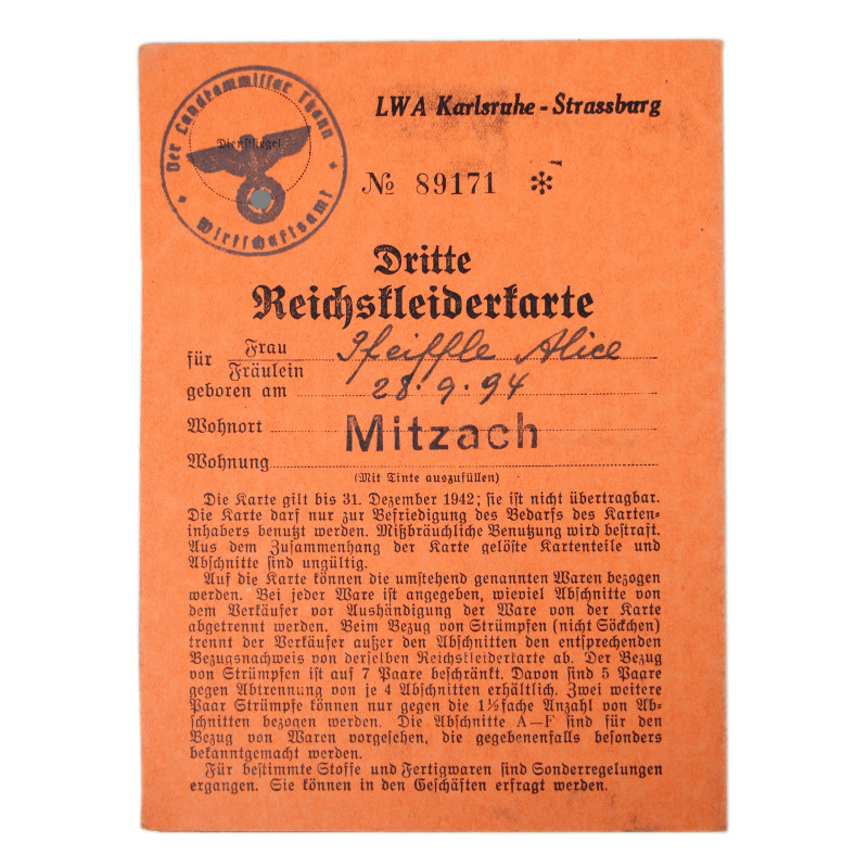 Card, Clothing, Dritte Reichskleiderkarte, Alice Pfeiffle, Strasbourg, 1942 Card, Clothing, Dritte Reichskleiderkarte, Alice Pfeiffle, Strasbourg, 1942