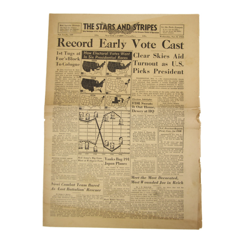 Journal, The Stars and Stripes, 8 novembre 1944, "Record Early Vote Cast"