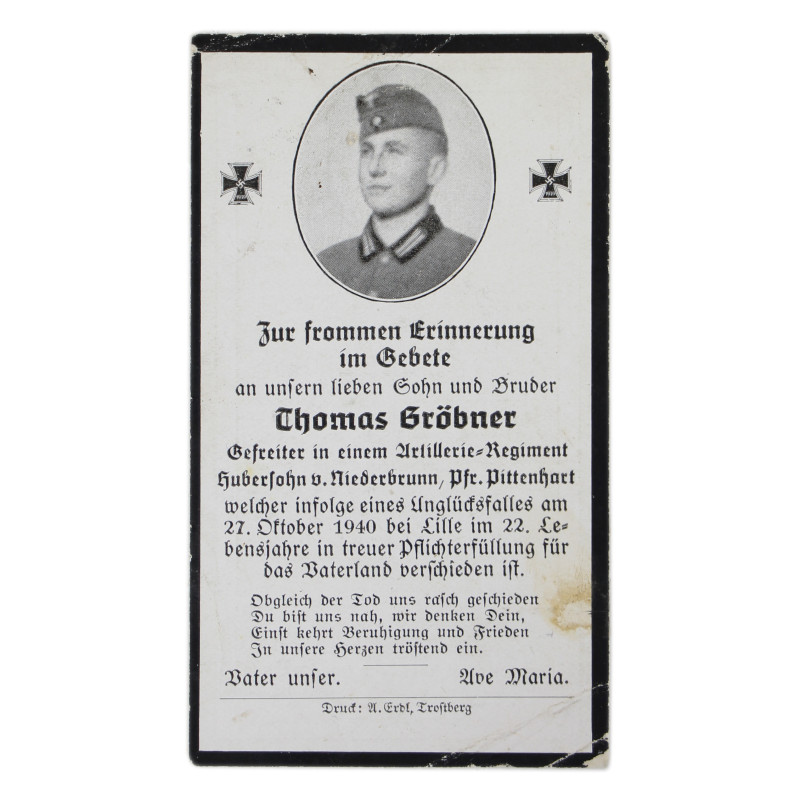 Sterbebilder, carte du souvenir, Gefr. Thomas Gröbner, Artillerie-Regiment 43, Heer, 1940 Sterbebilder, carte du souvenir, Gefr. Thomas Gröbner, Artillerie-Regiment 43, Heer, 1940