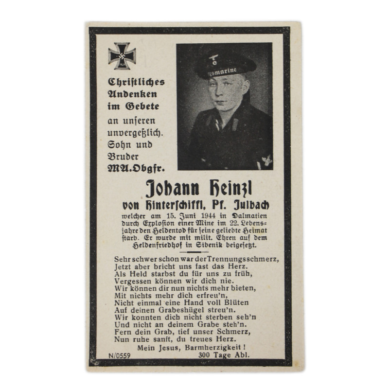 Sterbebilder, carte du souvenir, MU. Obgfr. Johann Heinzl, Marine-Artillerie-Abteilung 612, Kriegsmarine, 1944 Sterbebilder, carte du souvenir, MU. Obgfr. Johann Heinzl, Marine-Artillerie-Abteilung 612, Kriegsmarine, 1944