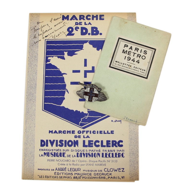 Partition, Marche de la 2e DB, avec insigne, 13e Bataillon médical et plan du métro parisien, 1944-1945
