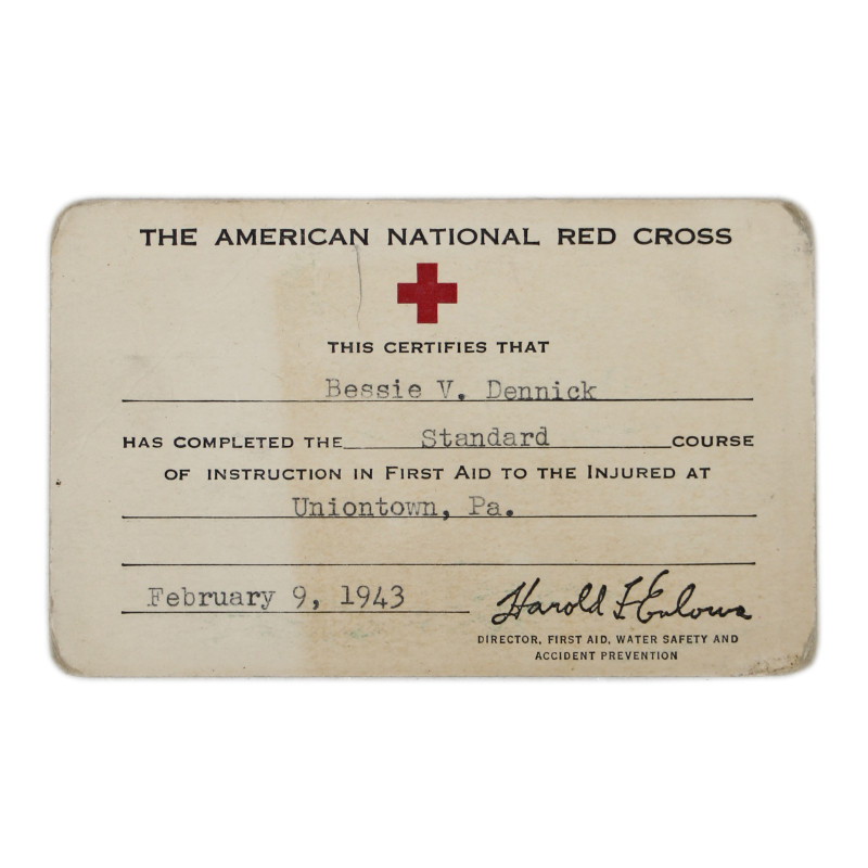 Certificat, formation de secourisme, American Red Cross, Bessie Dennick, 1943
