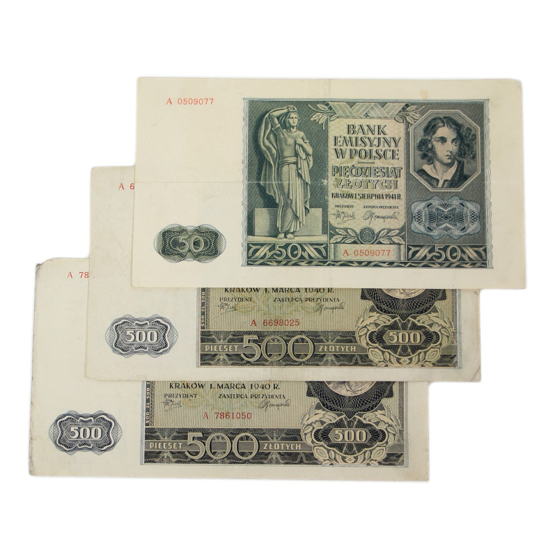 Billets de banque polonais, 50 et 500 złotych, 1940-1941