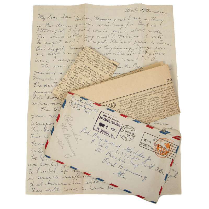 Lettre, Pvt. Ray Geddes, Fort Benning, 501st PIR, 1943